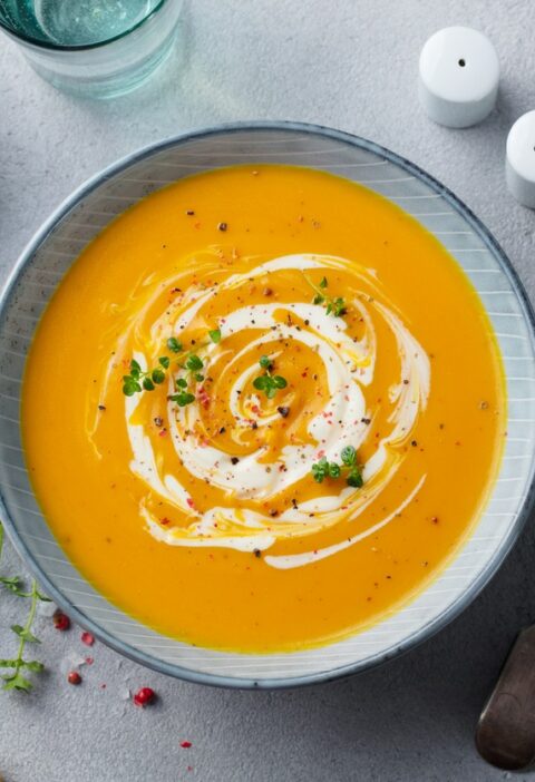 Cream of butternut soup with goat cheese