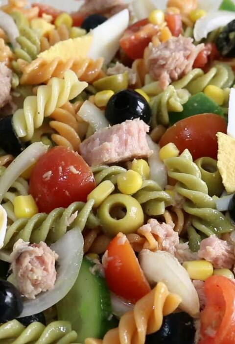 Pasta salad with hard-boiled eggs and tuna