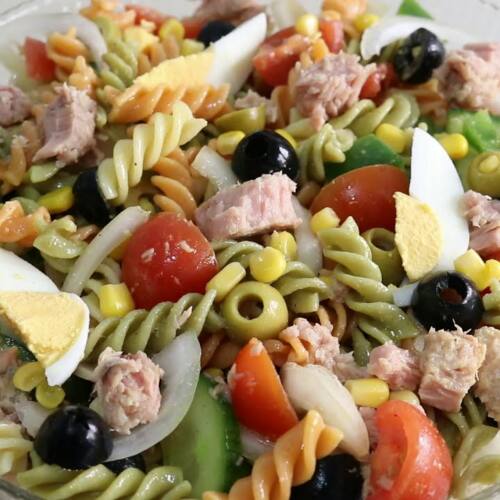 Pasta salad with hard-boiled eggs and tuna