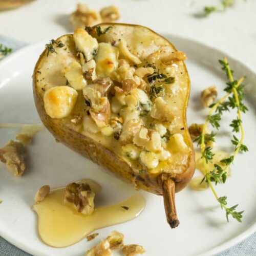 roasted pears with blue cheese and pine nuts
